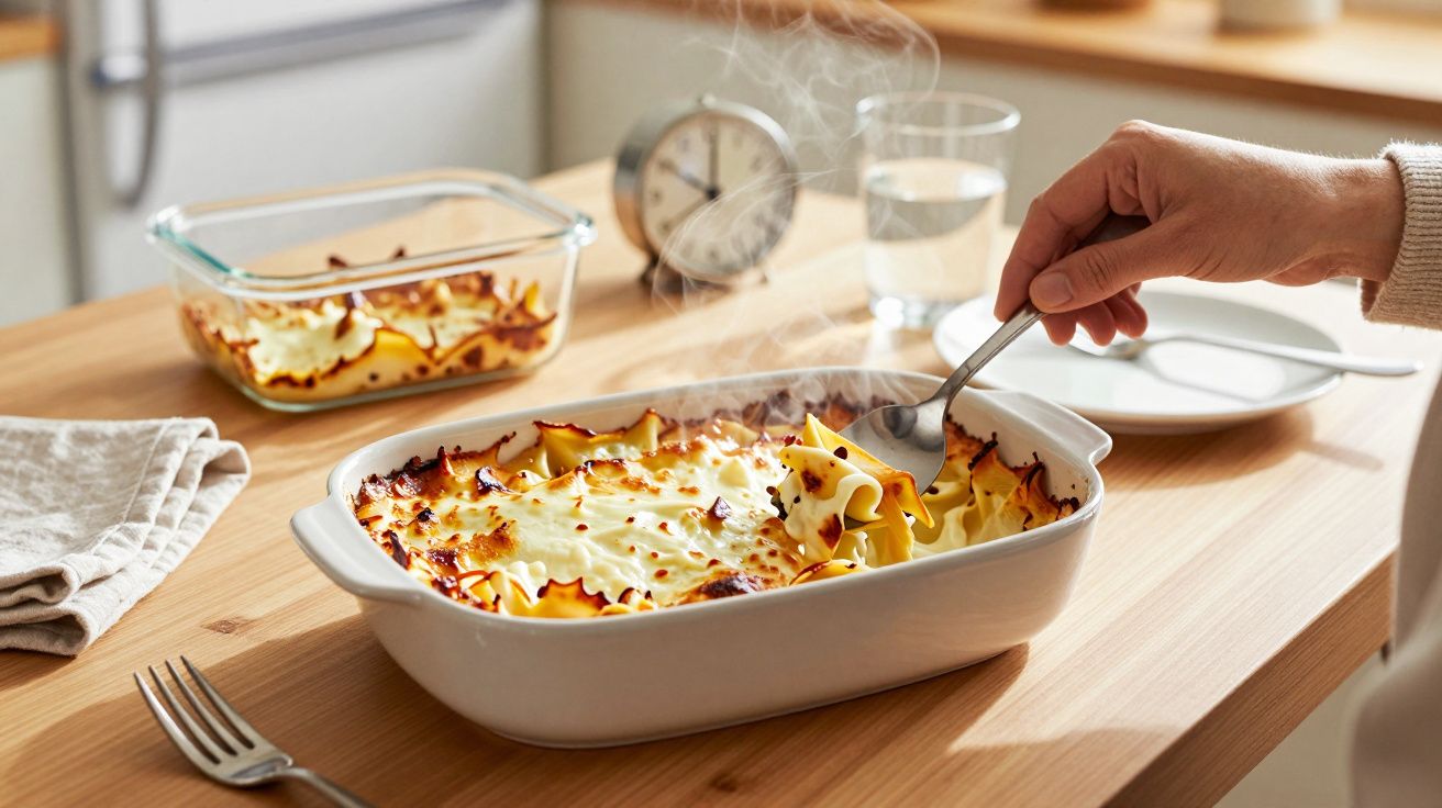 Pessoa a servir lasanha quente numa travessa branca sobre mesa de madeira com prato e copo de água ao fundo.
