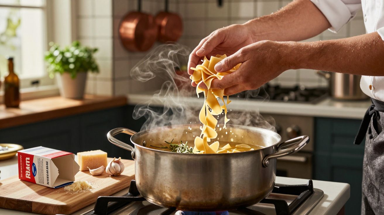 Mãos adicionam massa em espiral numa panela com água a ferver numa cozinha moderna e iluminada.