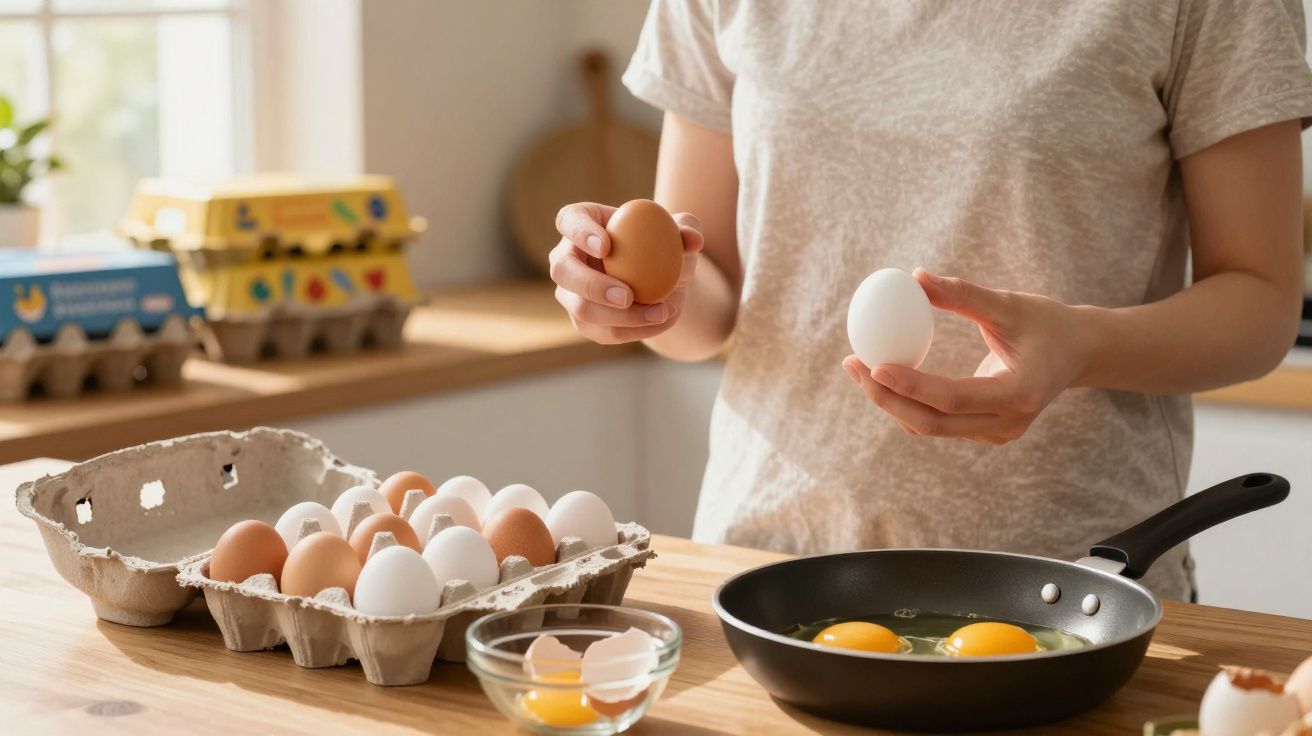 Pessoa a segurar um ovo branco e um ovo castanho na cozinha, com ovos na frigideira e recipiente na mesa.
