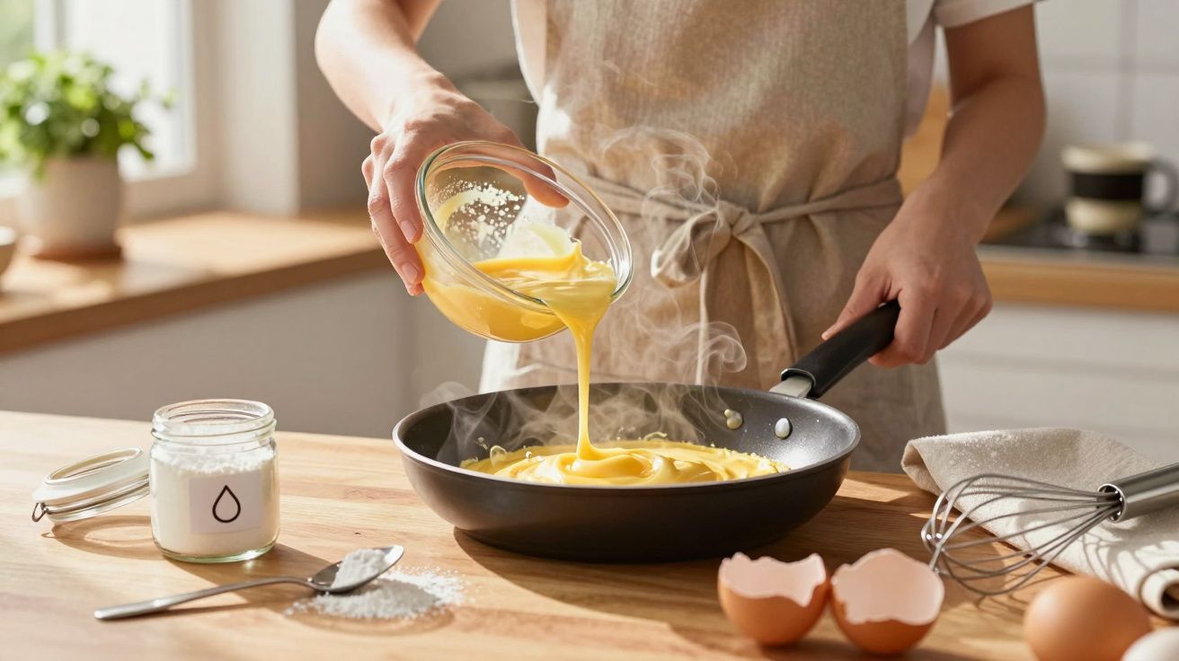 Pessoa a deitar mistura de ovos numa frigideira num ambiente de cozinha iluminado natural.