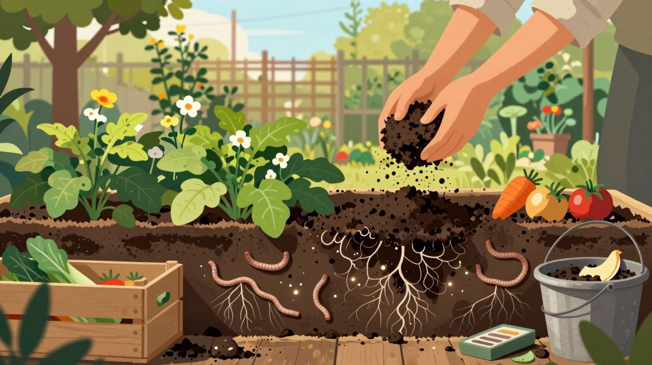 Mãos a espalhar terra numa horta com plantas, minhocas e legumes frescos numa caixa de madeira.