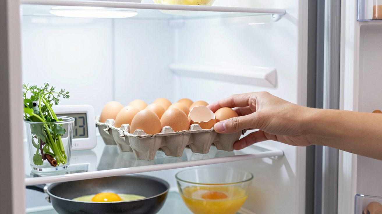 Mão a retirar uma embalagem de ovos do frigorífico, com um ovo partido e alimentos visíveis.
