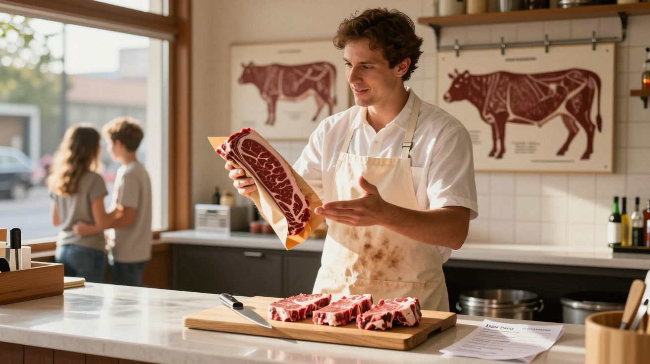 Talhante a apresentar uma peça de carne numa loja com cortantes de carne numa tábua.