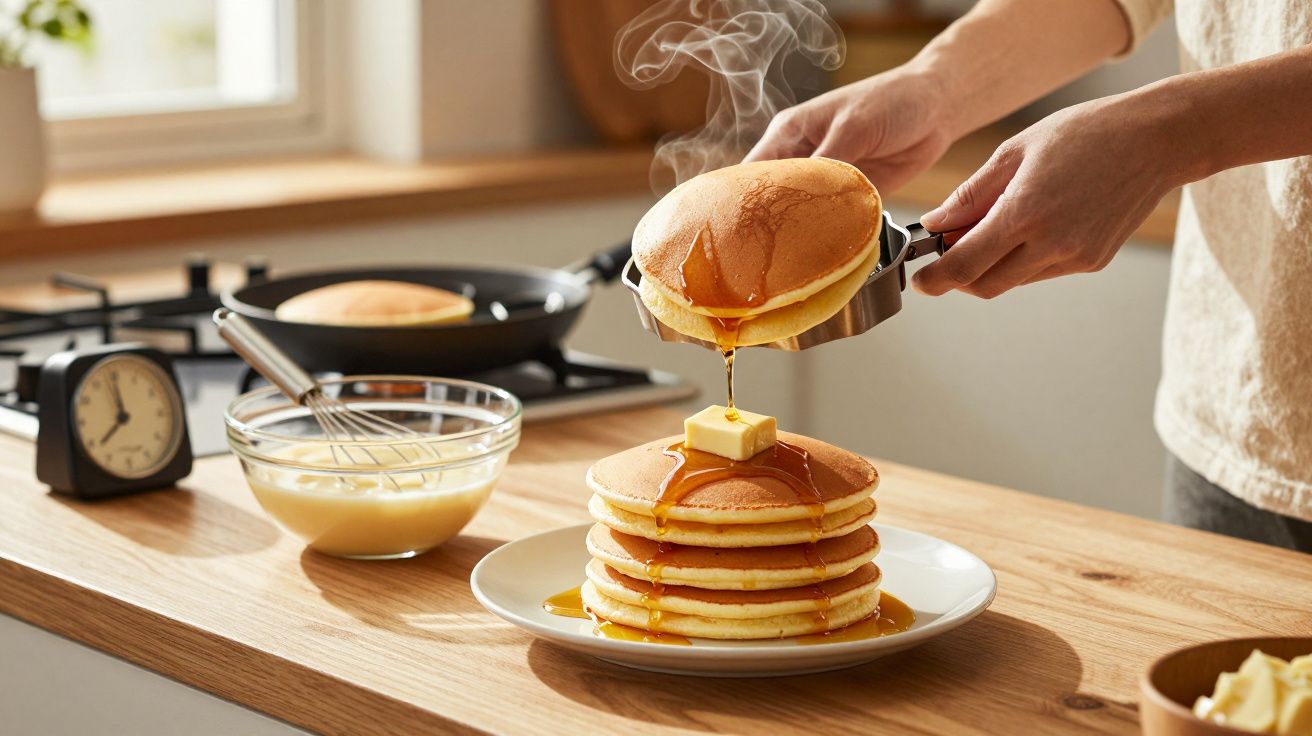 Pessoa a colocar a última panqueca numa pilha com manteiga e xarope a escorrer numa cozinha iluminada.