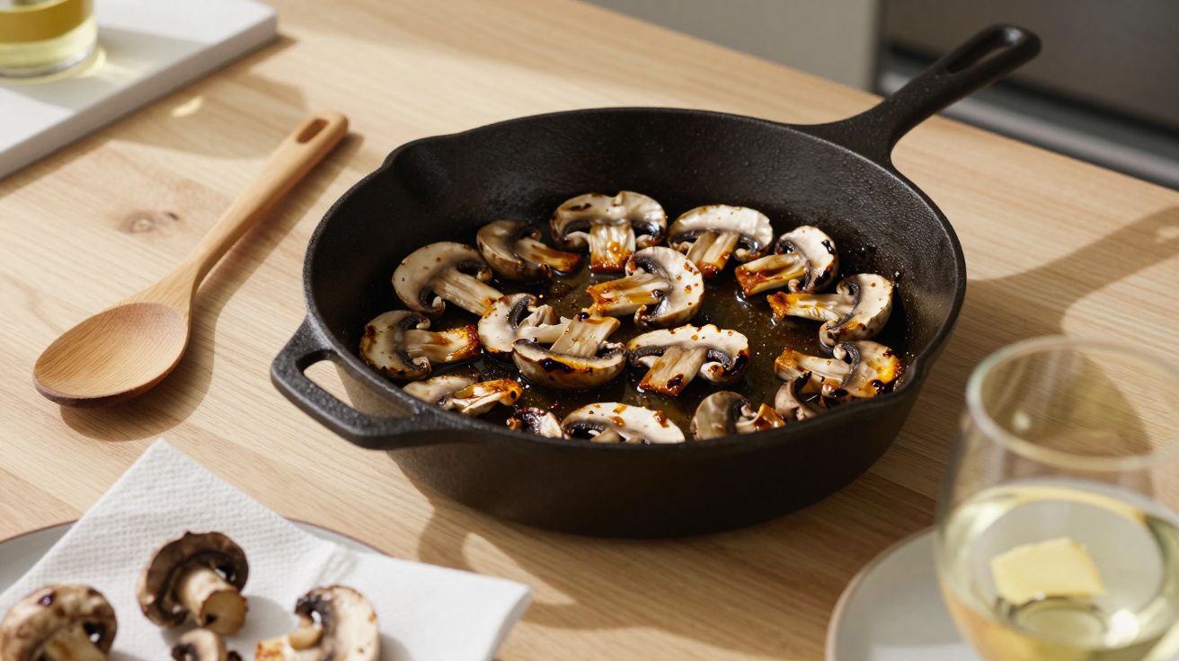 Cogumelos salteados em frigideira de ferro fundido sobre mesa de madeira, com colher e copo de vinho branco.