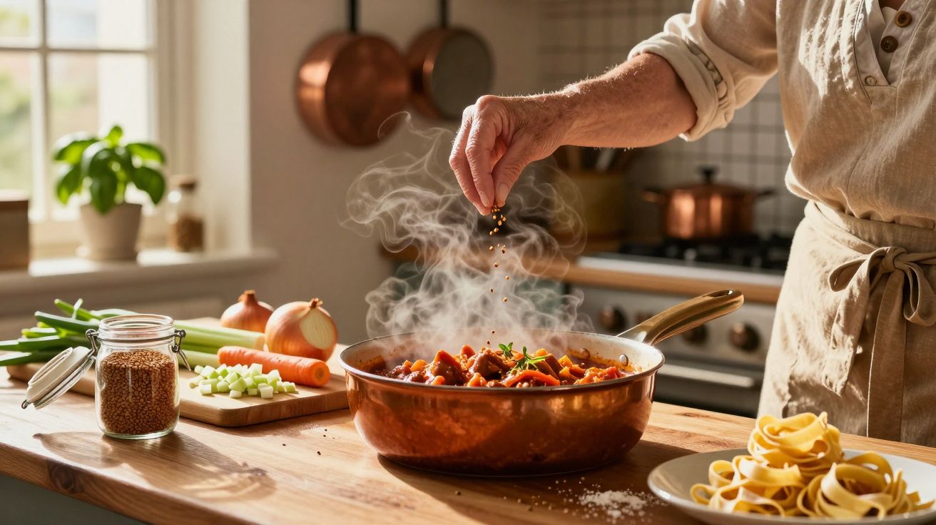 Pessoa a temperar molho fumegante numa frigideira de cobre numa cozinha iluminada e organizada.