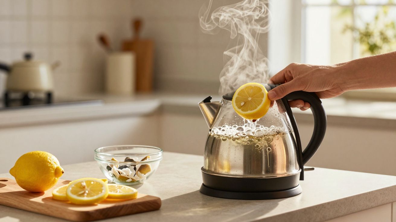 Mão a colocar fatia de limão em chaleira elétrica a ferver com vapor na bancada da cozinha.