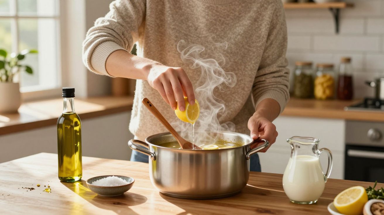 Pessoa a espremer limão numa panela com vapor numa cozinha moderna e iluminada.