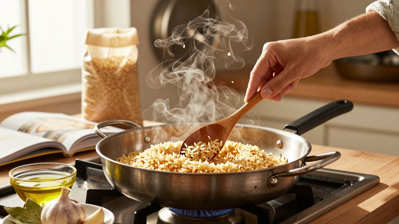 Pessoa a mexer arroz numa frigideira quente com colher de pau numa cozinha iluminada e arejada.