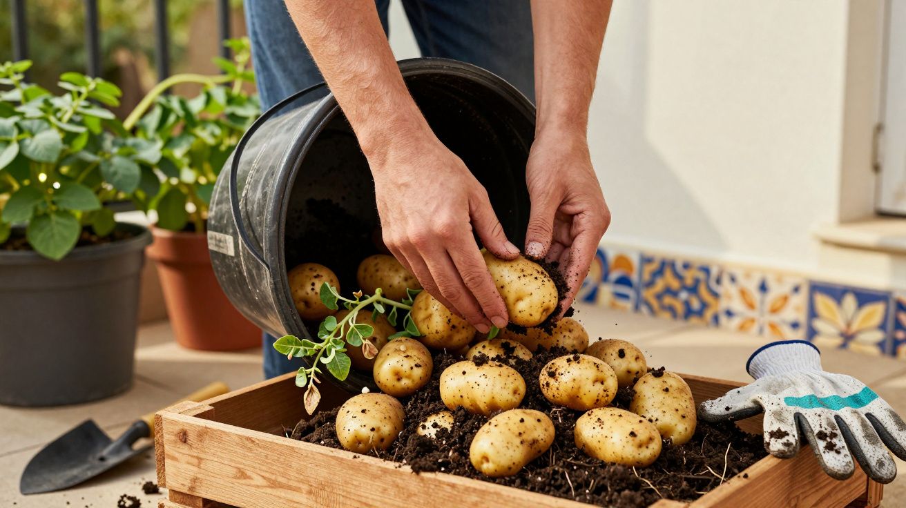 Mãos recolhendo batatas recém-colhidas com terra em caixa de madeira, ao lado de luvas de jardinagem e vasos com plantas.