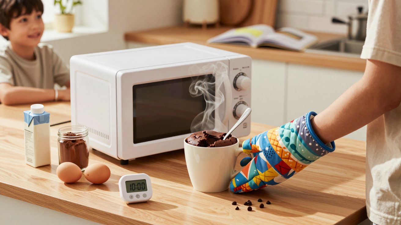 Pessoa a retirar do micro-ondas uma caneca com bolo quente, usando luva térmica, numa cozinha moderna.
