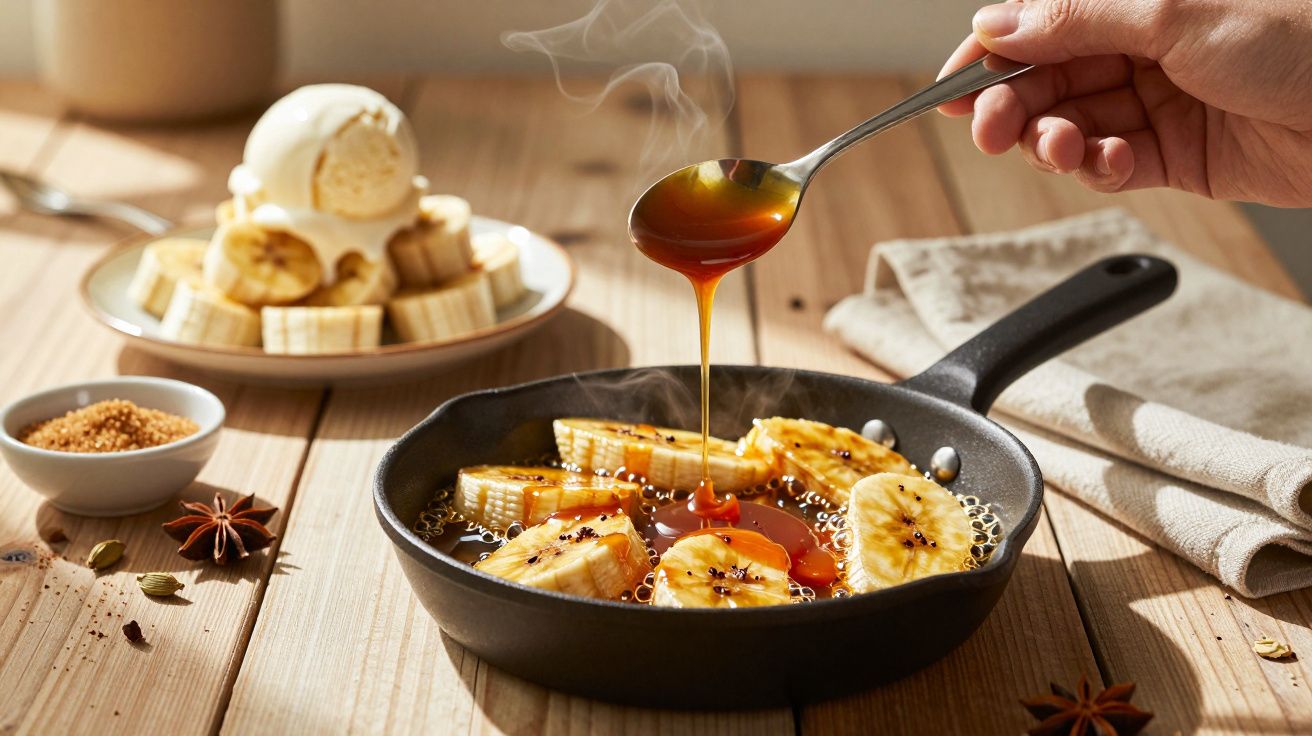 Bananas caramelizadas numa frigideira com caramelo a ser vertido de uma colher, sobremesa com gelado ao fundo.