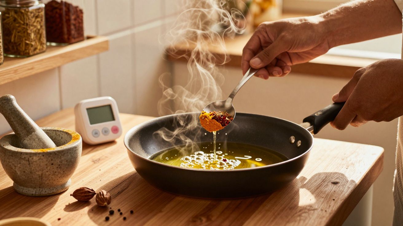 Mãos a temperar óleo quente numa frigideira com especiarias coloridas numa cozinha iluminada.