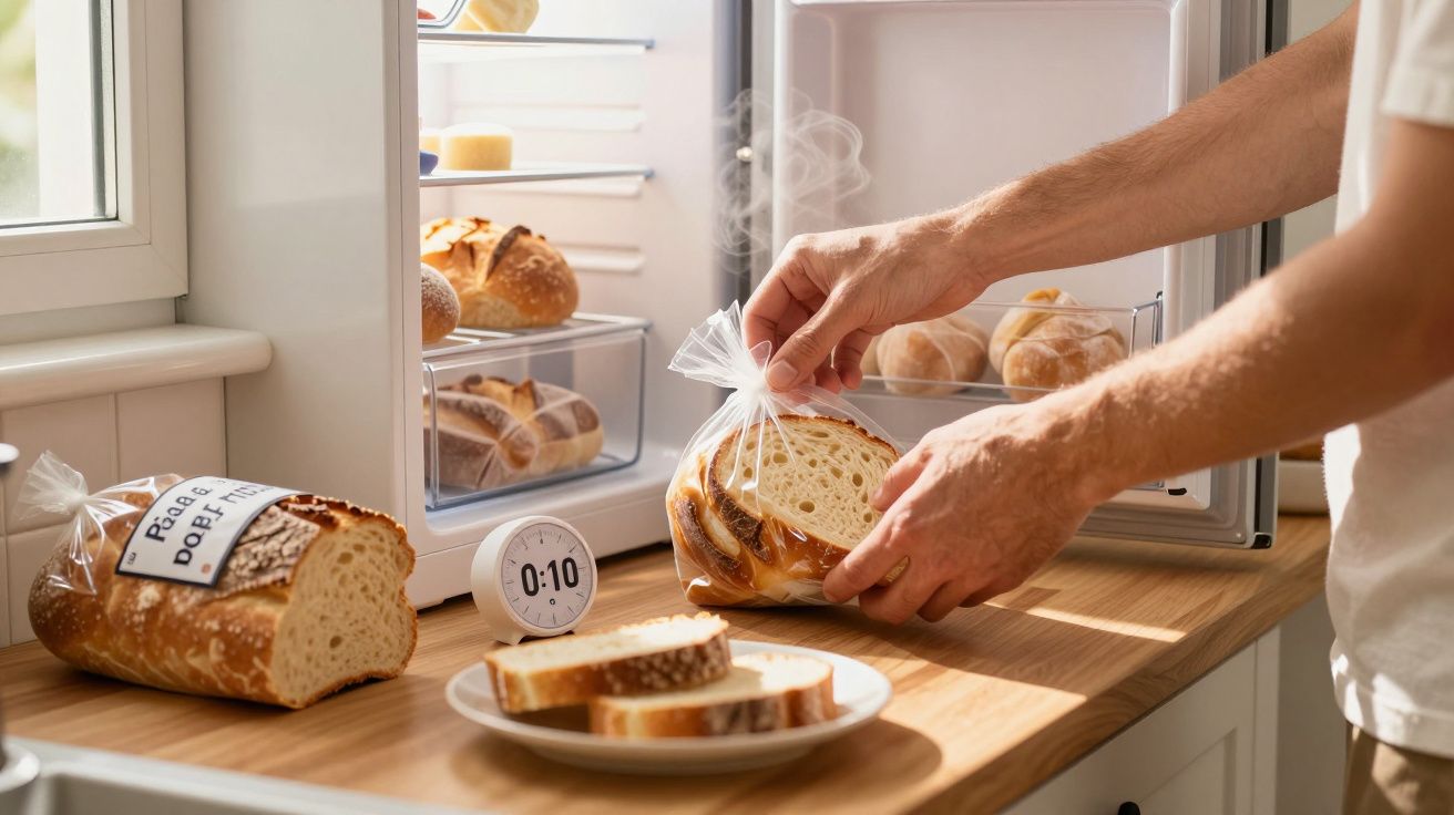 Mãos guardam pão quente num saco plástico ao lado de pão fatiado num prato e mini-frigorífico com pães.