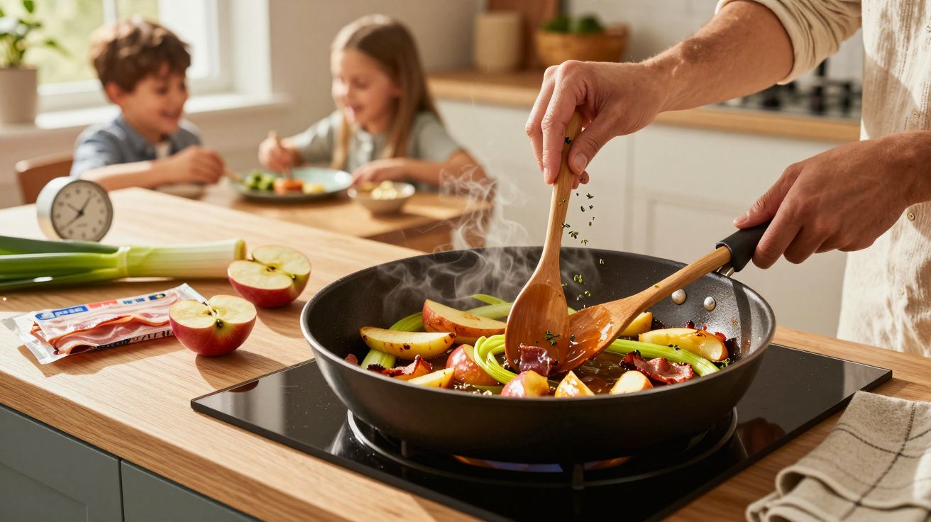 Pessoa a cozinhar legumes e maçãs numa frigideira, com duas crianças a comer ao fundo numa cozinha iluminada.