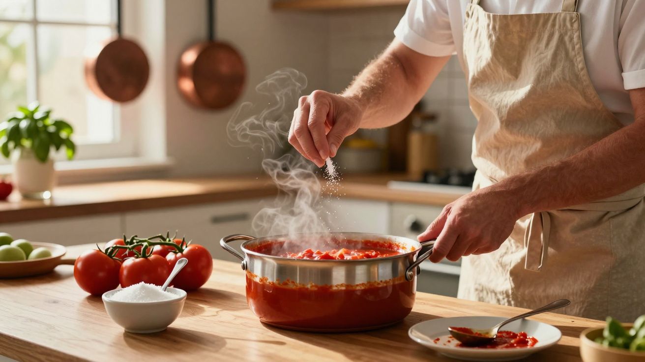 Pessoa a temperar molho de tomate a ferver numa panela na cozinha com tomates e sal à volta.