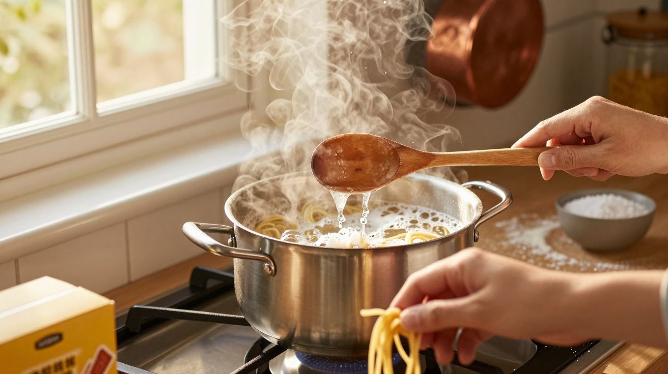 Pessoa a cozinhar esparguete numa panela de aço inox sobre fogão a gás com vapor a sair.