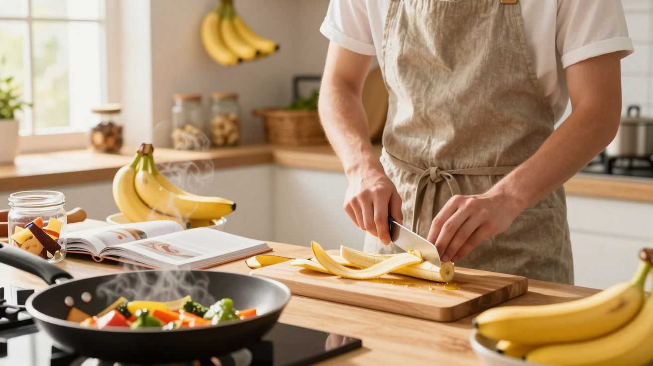 Pessoa a cortar banana numa tábua de cozinha com legumes a cozinhar num fogão ao lado.