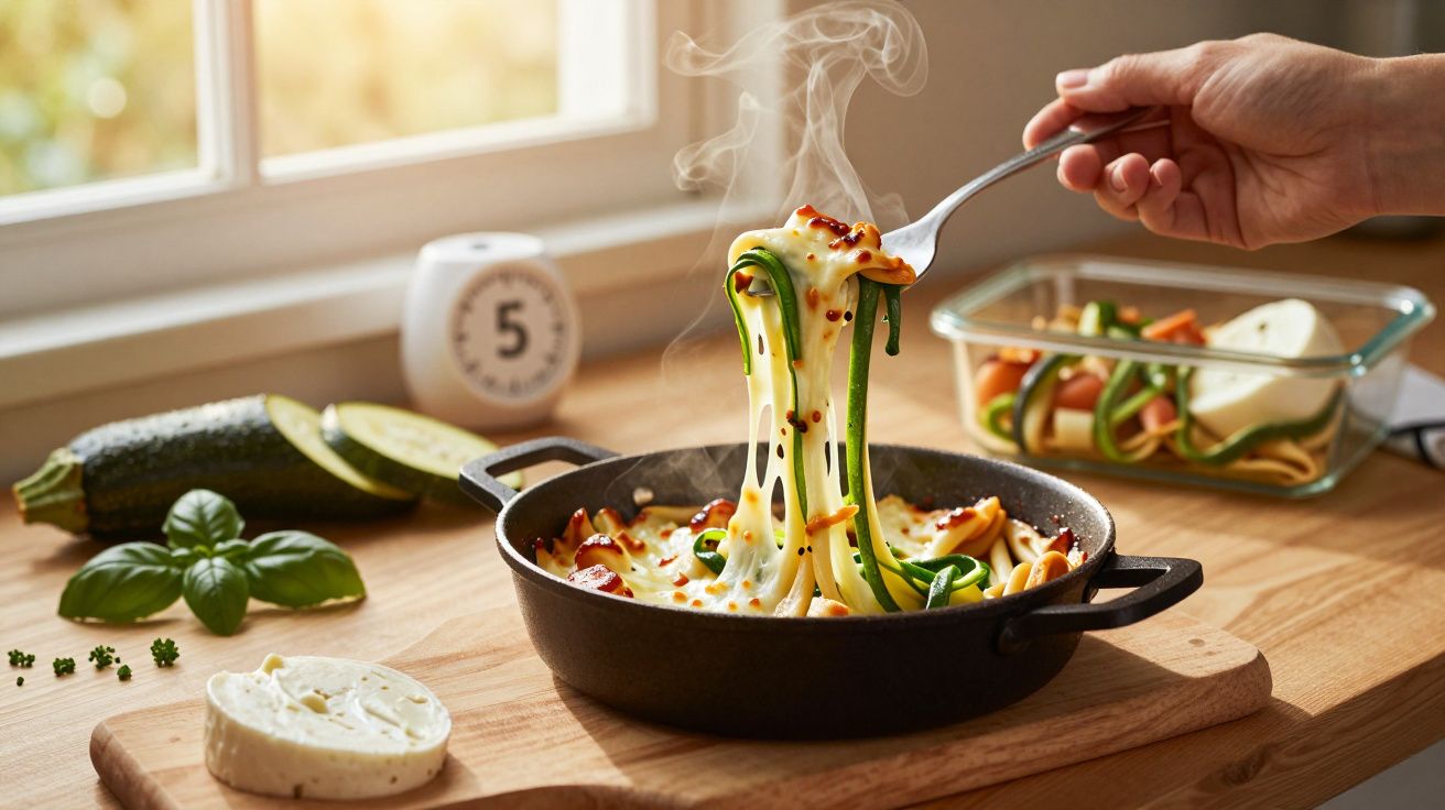 Massa de curgete e queijo derretido numa frigideira preta com uma mão a levantar um garfo com a comida quente.