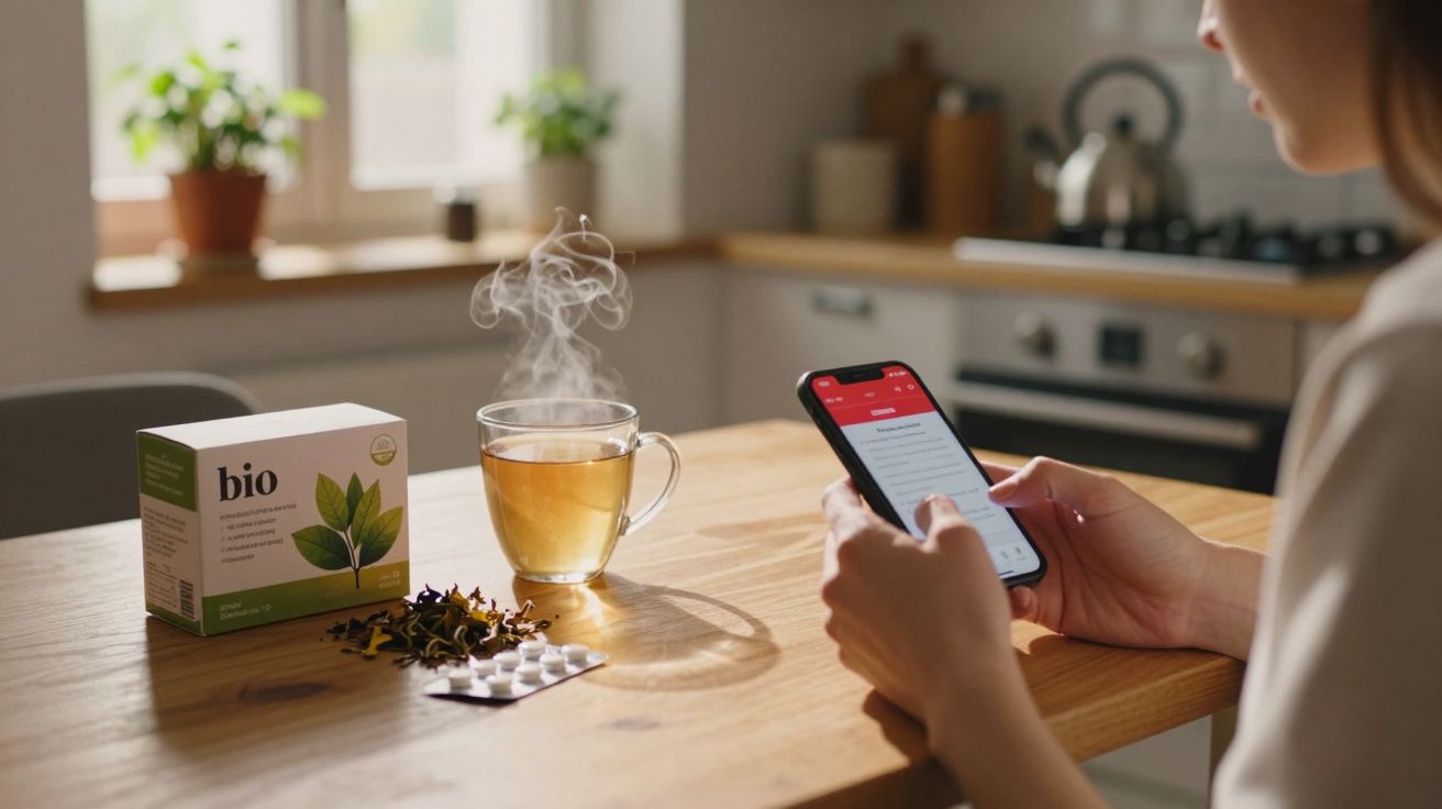 Pessoa a consultar o telemóvel com chá quente, comprimidos e caixa de chá bio numa cozinha iluminada.