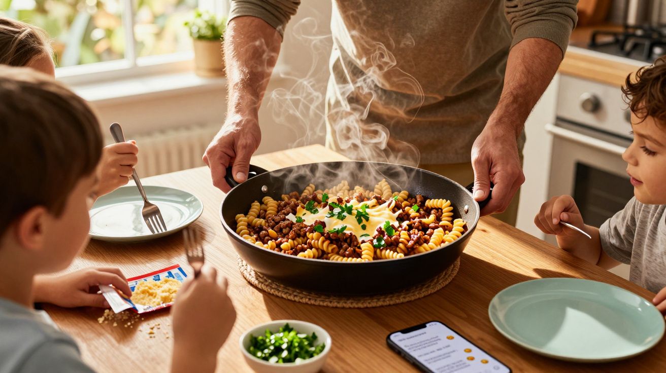 Adulto a servir massa quente com carne e molho numa mesa, com duas crianças à espera para comer.