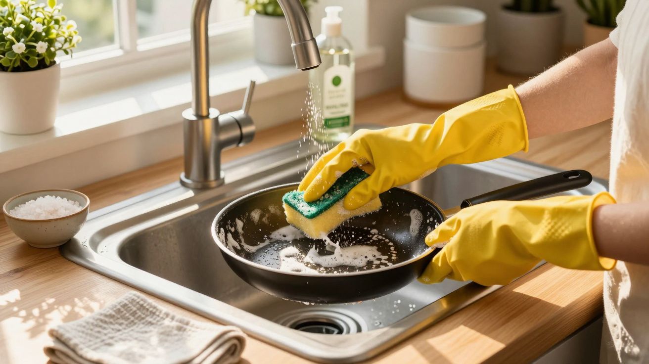 Pessoa com luvas amarelas a lavar uma frigideira preta numa pia de cozinha com esponja verde e amarela.