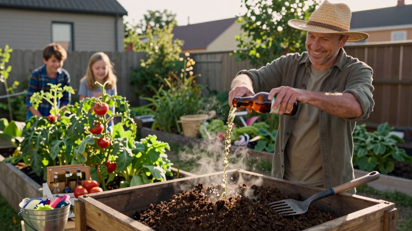 Homem a regar canteiro de terra com líquido, crianças a cuidar de plantas ao fundo num jardim.