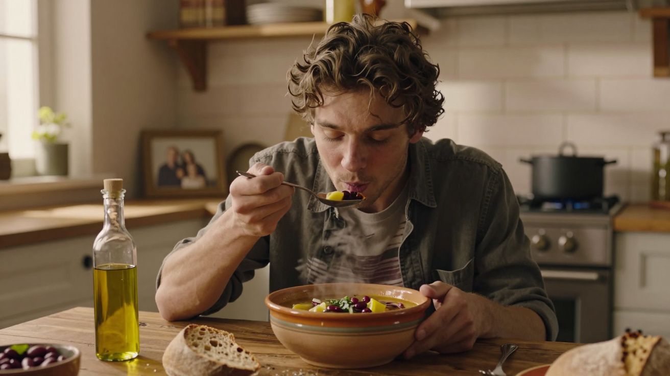 Homem a comer sopa quente numa tigela grande numa cozinha iluminada.