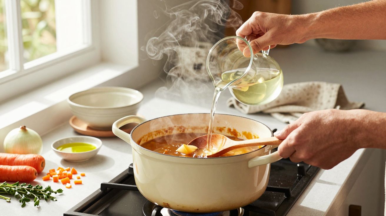 Mãos a verter caldo quente numa panela com sopa a cozinhar num fogão, com ingredientes visíveis na bancada.