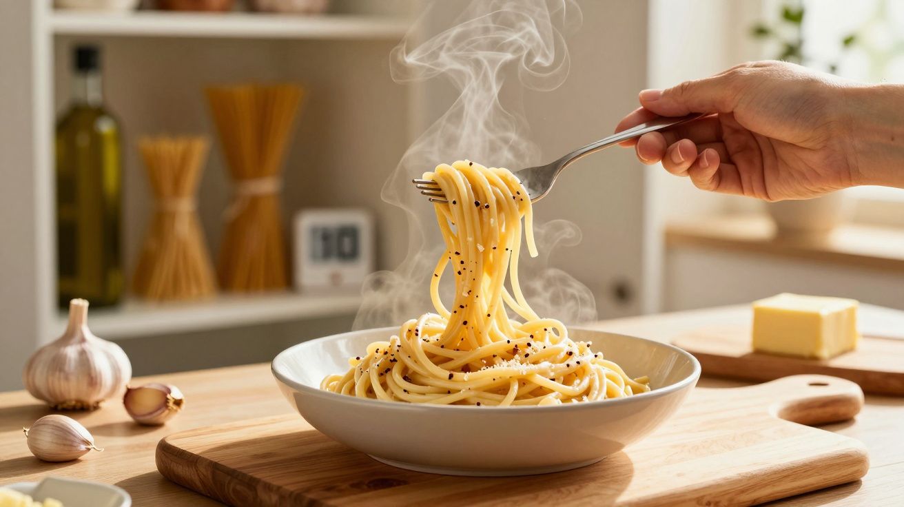 Mão a levantar esparguete quente e fumegante num garfo, com pimenta preta, alho e manteiga ao fundo.