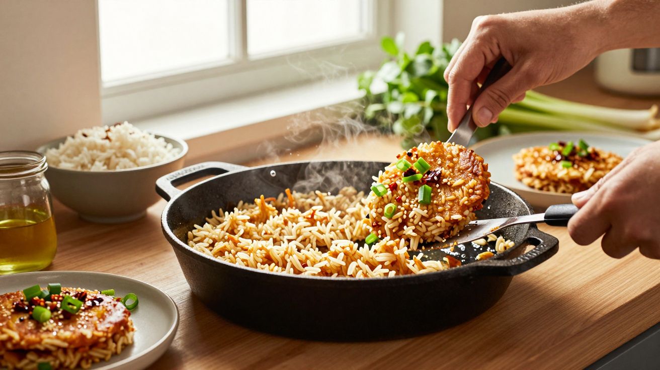 Mãos a retirar do tacho posta de arroz frito com cebolinho, servido em prato numa cozinha iluminada.