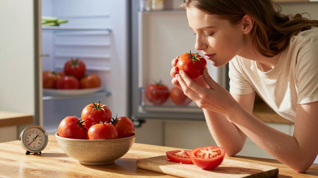 Mulher a cheirar um tomate fresco numa cozinha com tomates em taça e frigorífico aberto.