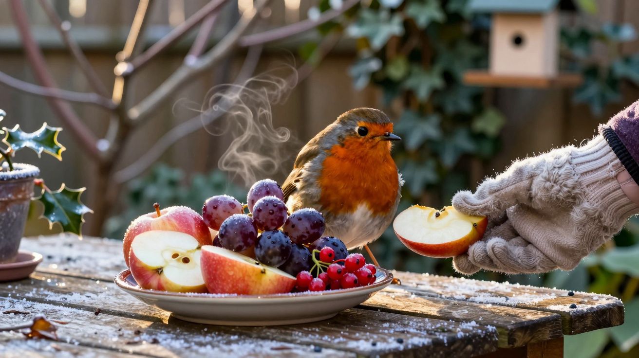 Pássaro com peito laranja no prato com frutas, mão de luva a oferecer pedaço de maçã, ambiente externo.