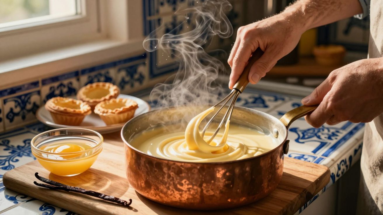 Mãos mexem creme quente numa panela de cobre, com vapores, ao lado de ovos, baunilha e tartes na bancada.