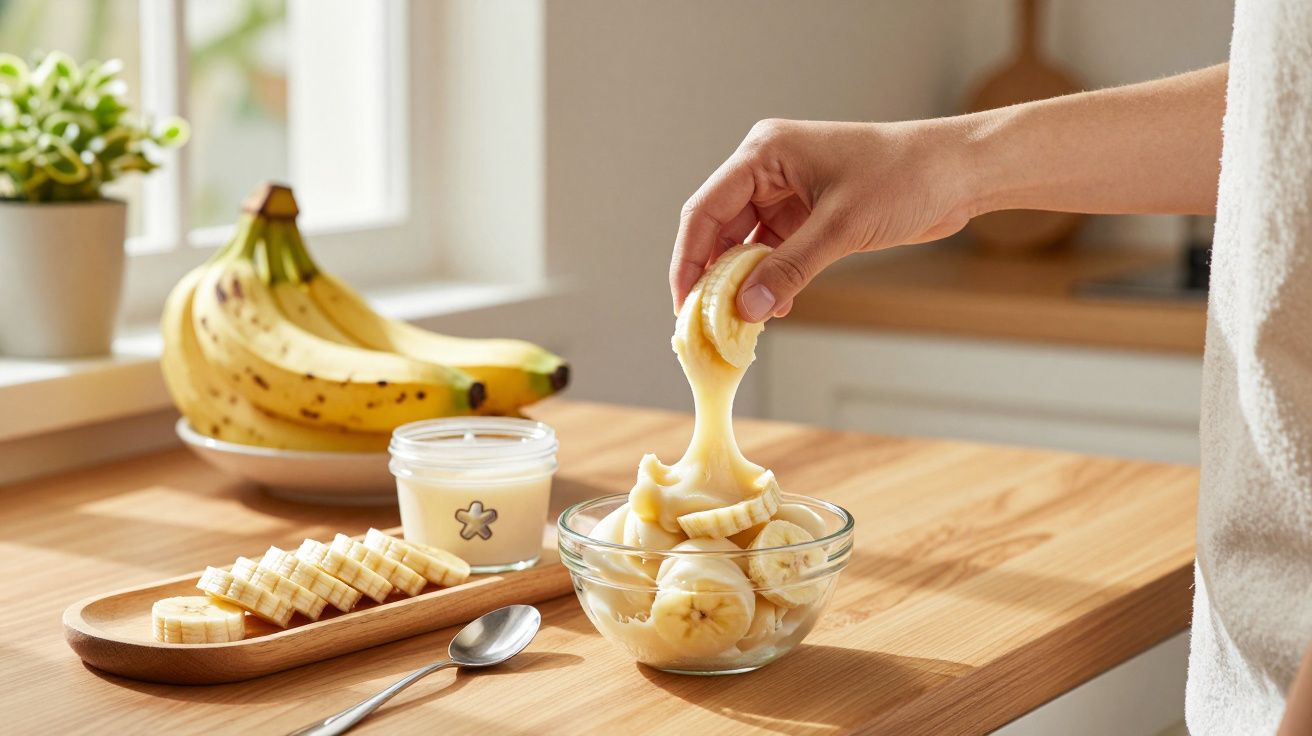 Mão a envolver fatias de banana com creme numa taça de vidro sobre mesa de cozinha iluminada.
