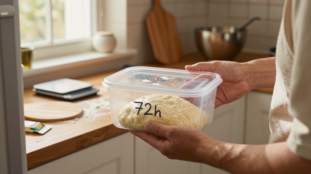 Pessoas seguram recipiente transparente com massa fermentada marcada com "72h" numa cozinha iluminada.