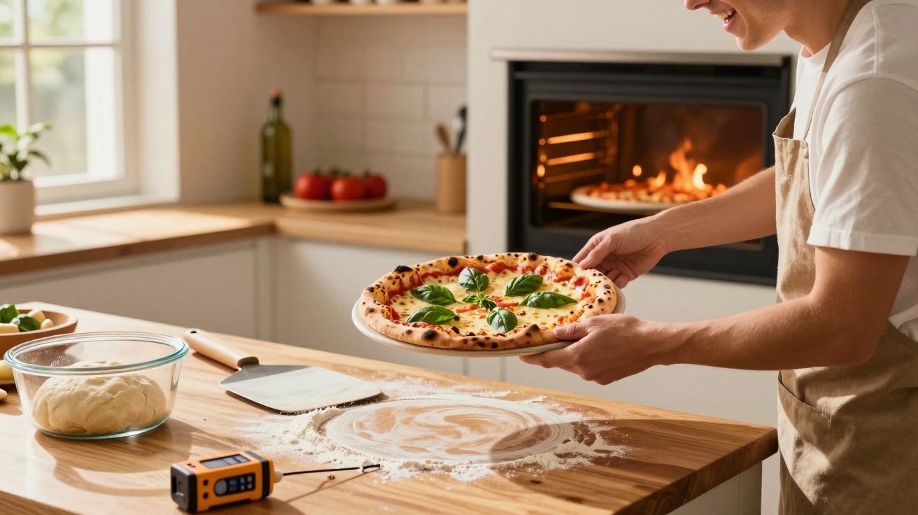 Pessoa a segurar uma pizza fresca com manjericão numa cozinha com forno de lenha ao fundo.