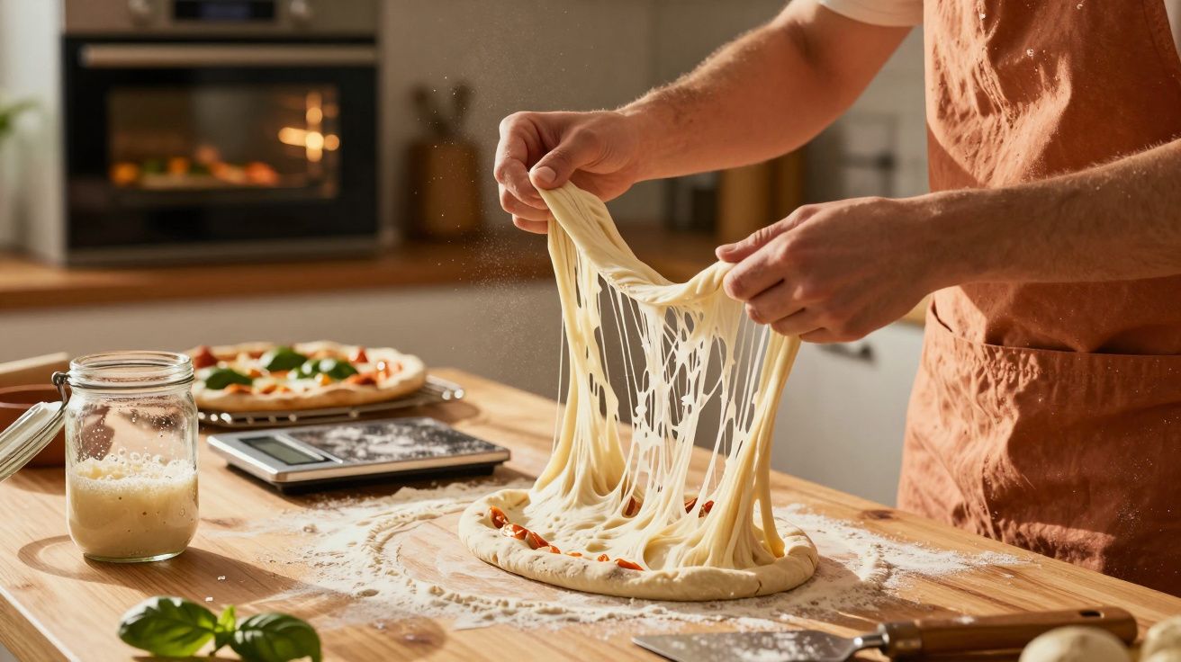 Pessoa a esticar massa de pizza com queijo esticado numa bancada de cozinha com forno ao fundo.