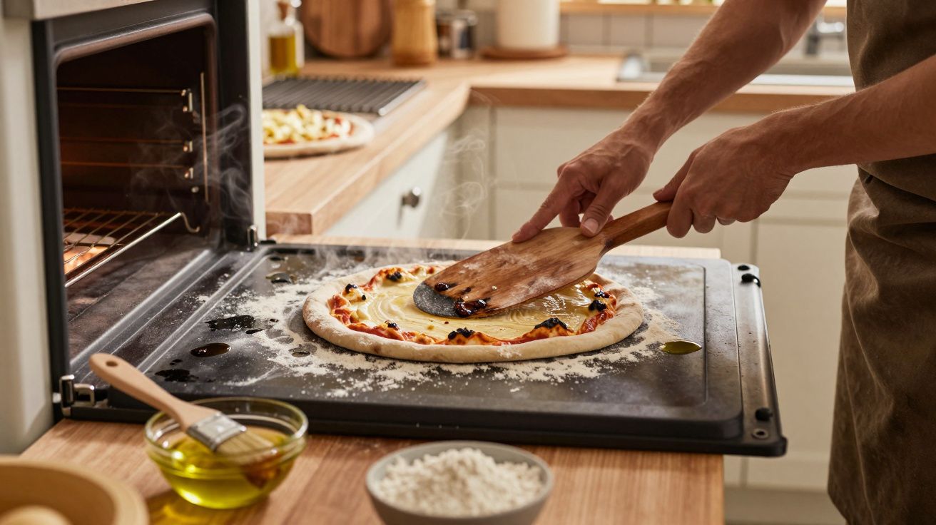 Pessoa a tirar pizza caseira do forno numa cozinha acolhedora com utensílios e ingredientes visíveis.