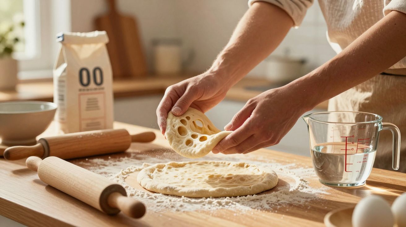 Mãos esticam massa com buracos numa bancada de madeira, com farinha, rolos e copo medidor.
