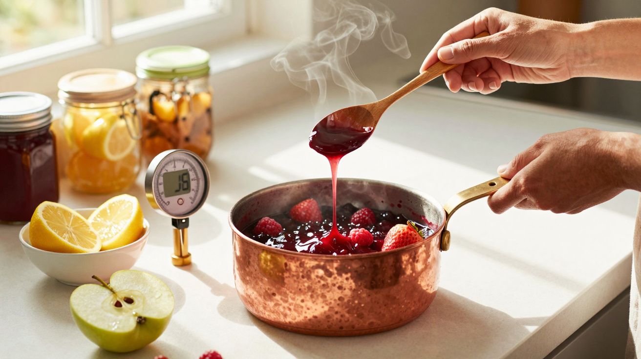 Mãos a mexer calda de frutos vermelhos numa panela de cobre com termómetro, limão e maçã na bancada.