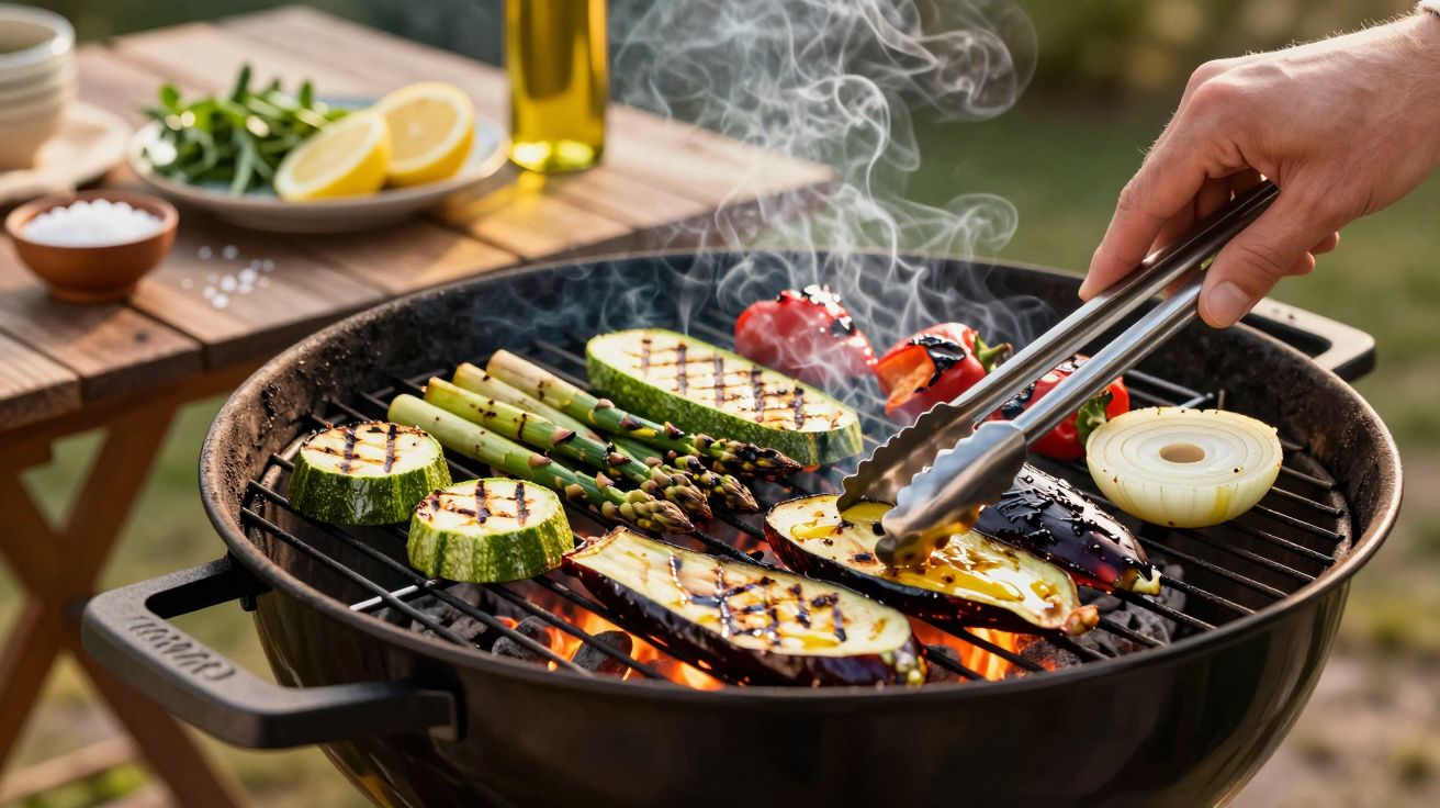 Legumes variados a grelhar num churrasco redondo, com uma mão a manipular pinças metálicas.