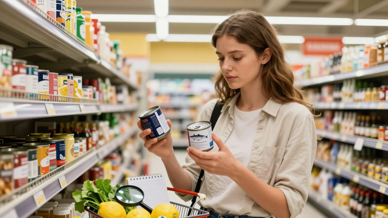 Mulher jovem compara latas enquanto faz compras num supermercado com cesto cheio de legumes e fruta.