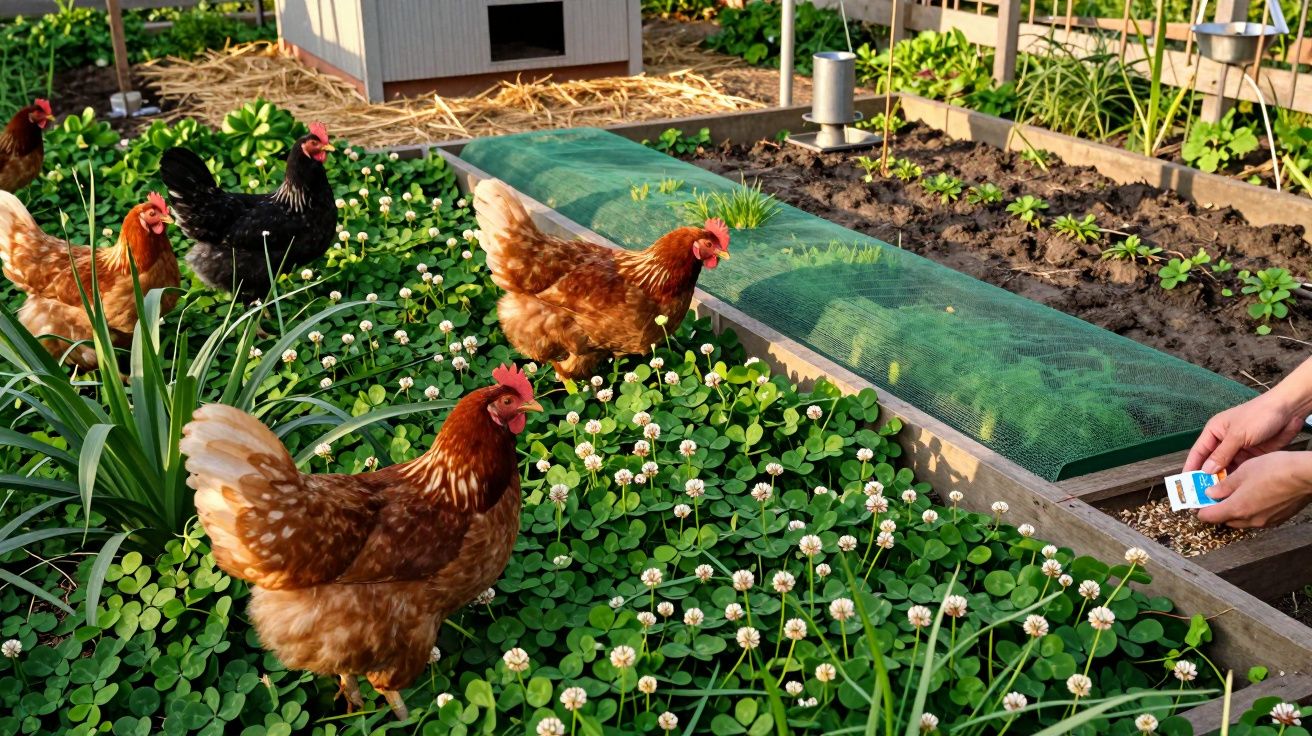 Galinhas a explorar vegetação num jardim, enquanto alguém dá comida junto a uma estufa pequena.