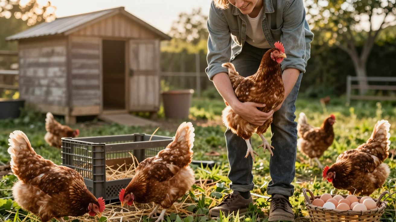 Pessoa segurando galinha num galinheiro com outras galinhas e uma cesta de ovos no chão.