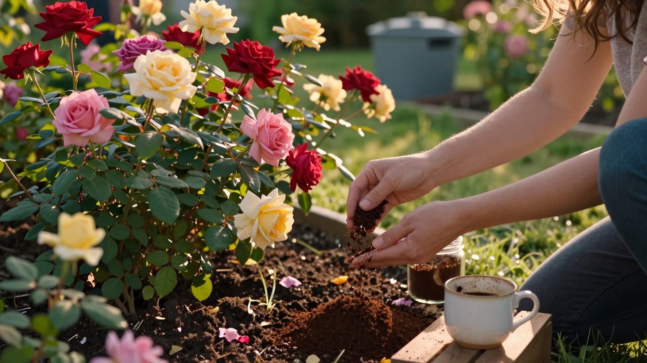 Pessoa a cuidar de rosas vermelhas, amarelas e cor-de-rosa num jardim, com uma chávena de café ao lado.