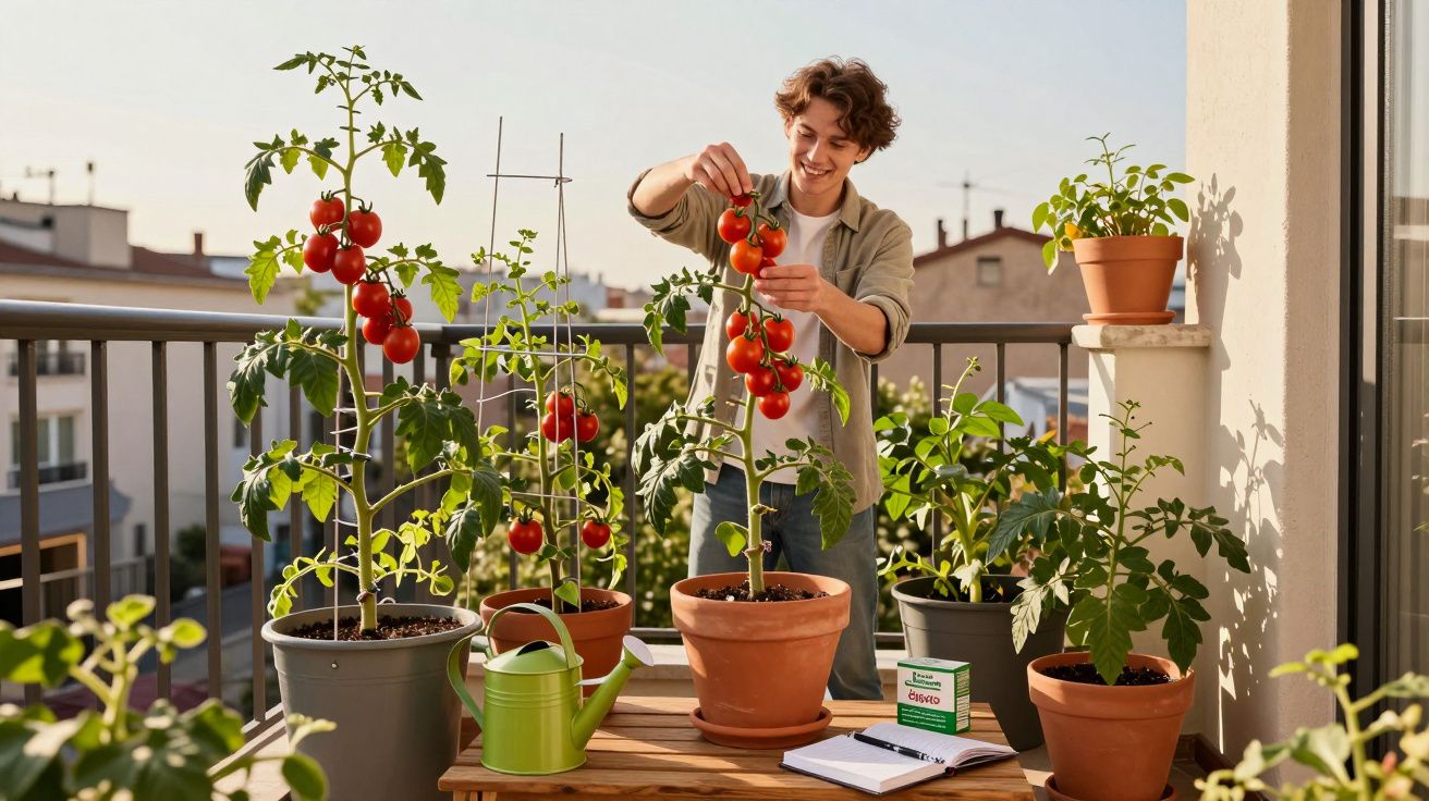Jovem colhe tomates vermelhos em varanda com várias plantas e vasos ao entardecer.