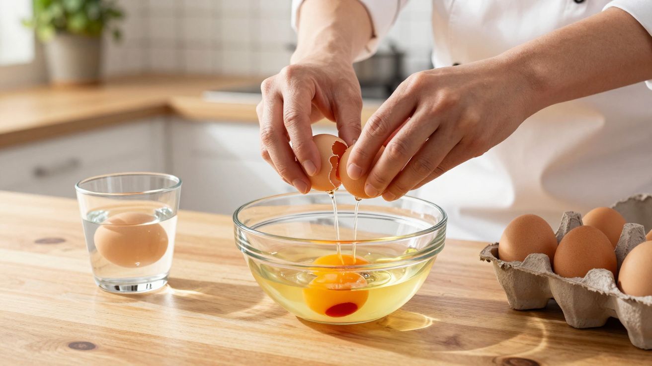 Mãos a partir um ovo sobre uma taça de vidro numa cozinha com mais ovos numa caixa e um copo de água.
