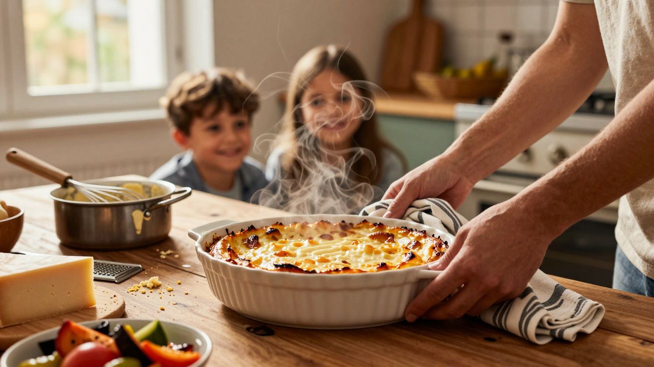Pessoa a tirar do forno um prato fumegante de lasanha, com duas crianças sorridentes ao fundo na cozinha.