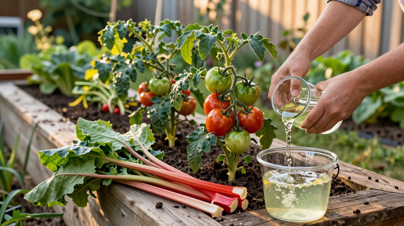 Mãos a regar plantas de tomateiros e ruibarbo numa horta elevada com suporte de madeira.